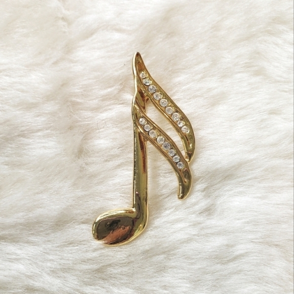 VINTAGE Musical Note Gold Tone Brooch with Rhinestones